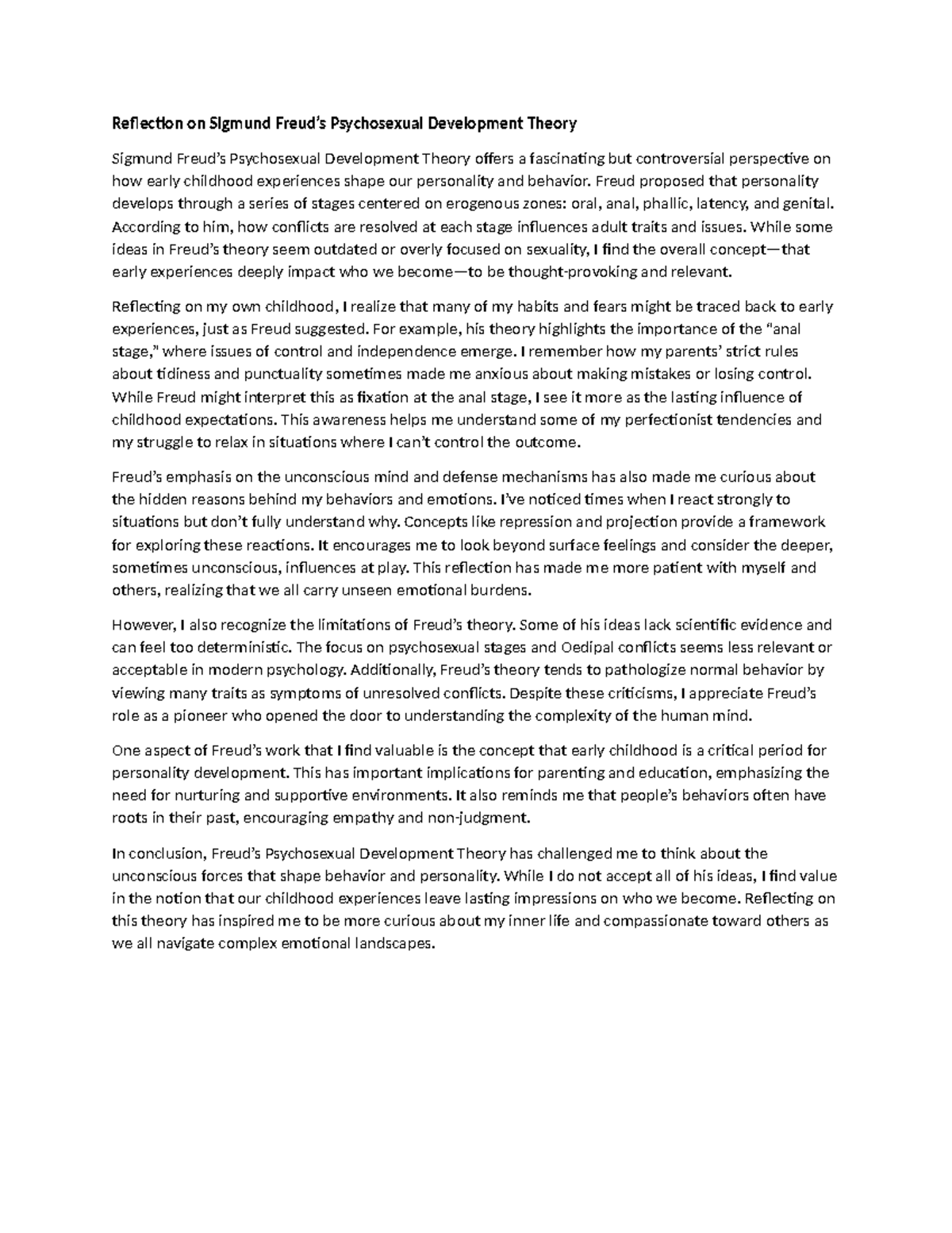 Reflection on Freud's Psychosexual Development Theory - Studocu