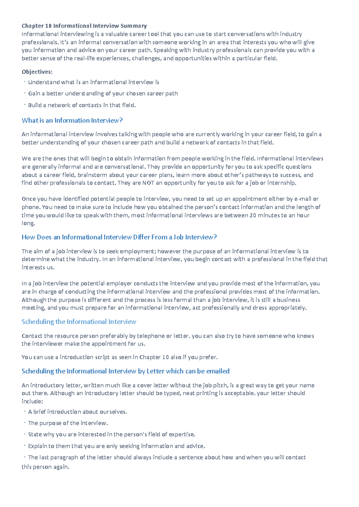 Chapter 10: Informational Interview Summary (2026) - Studocu