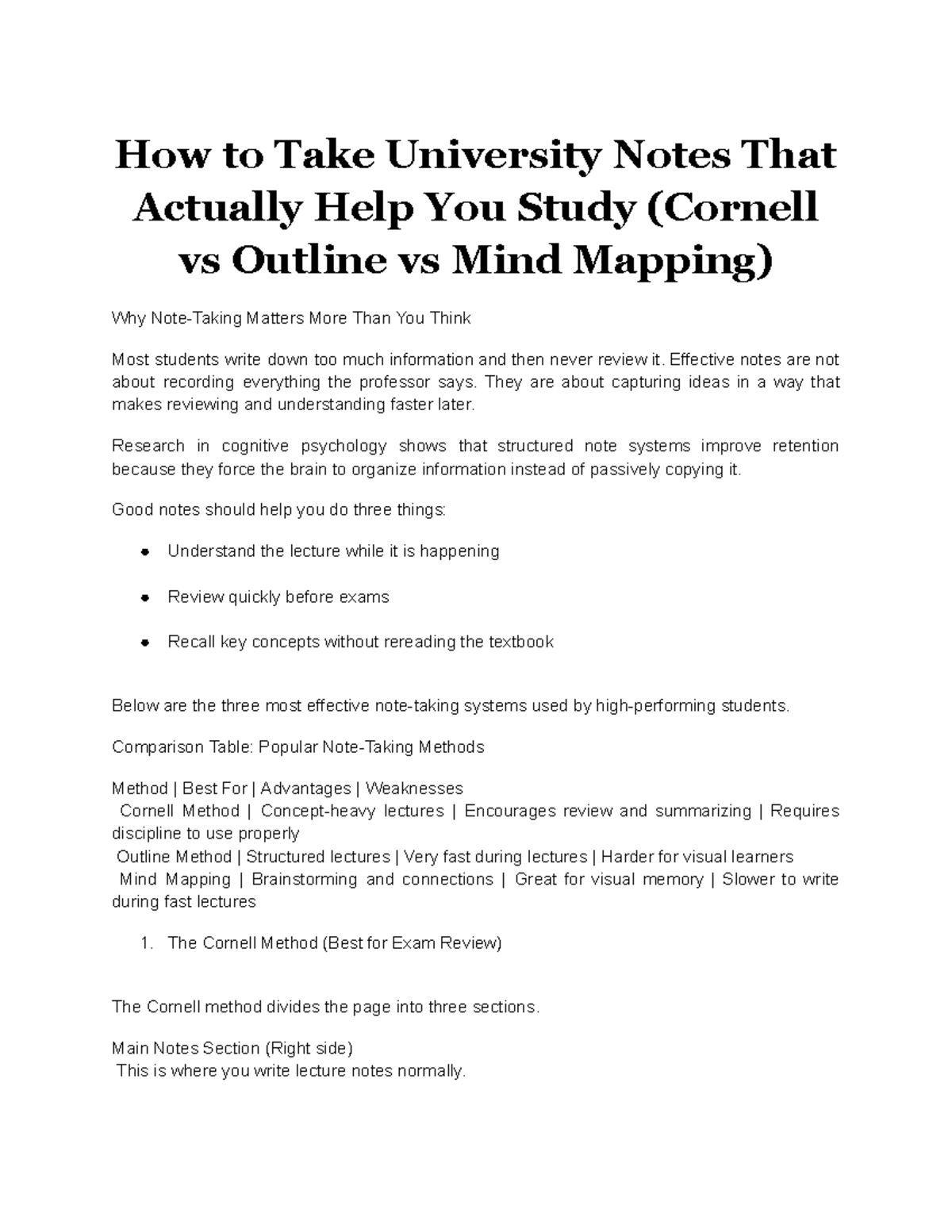Effective Note-Taking Strategies for University Success (Cornell ...