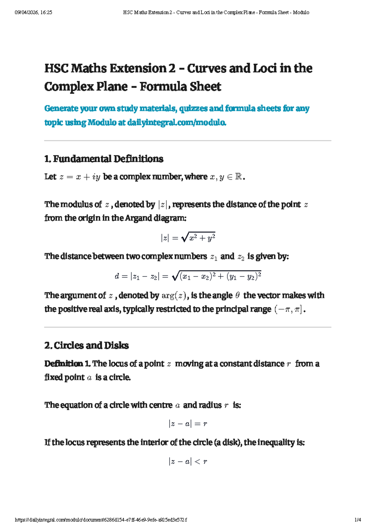 HSC Maths Extension 2: Curves & Loci in the Complex Plane Formula Sheet ...