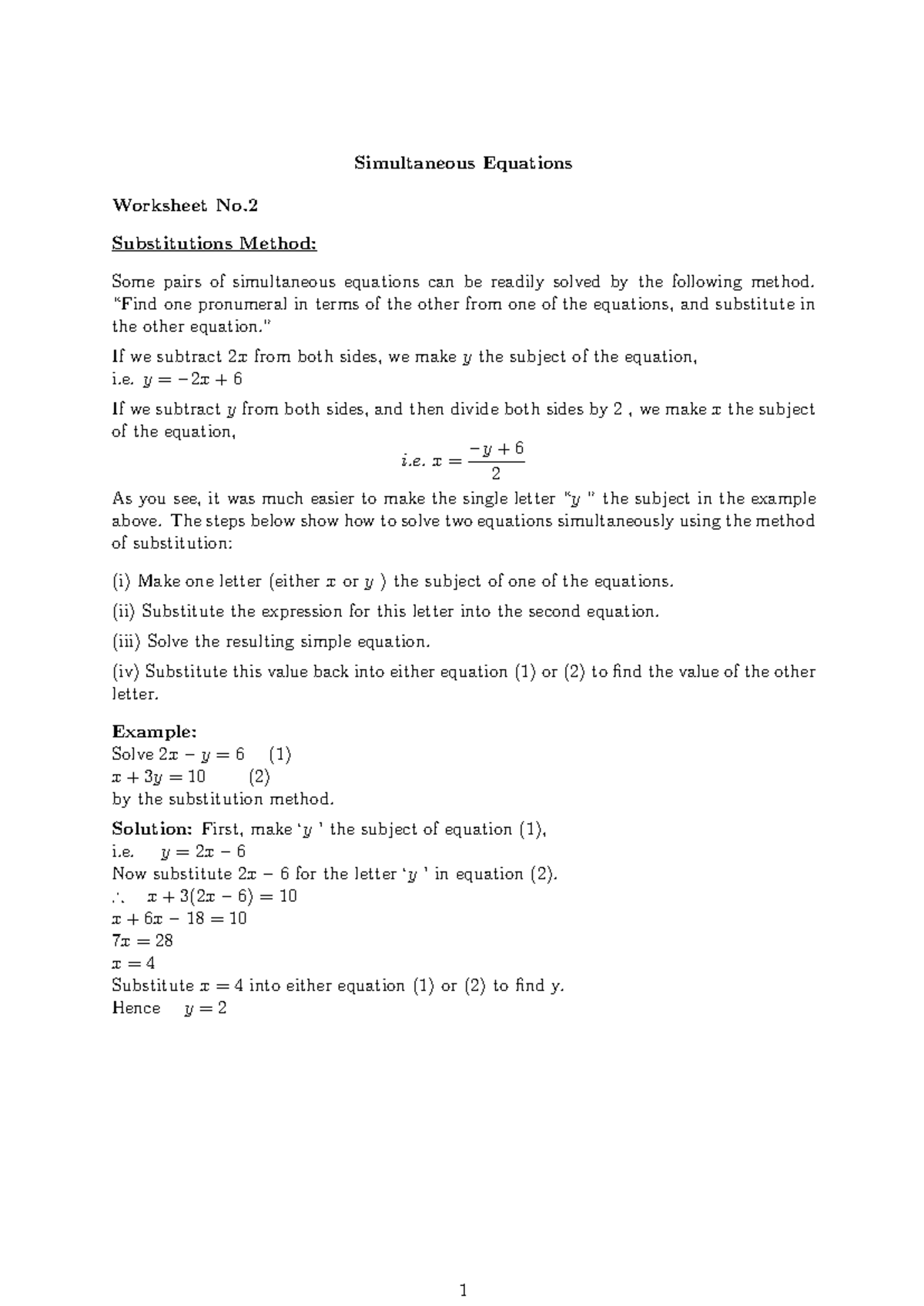 Worksheet 2: Simultaneous Equations - Substitution Method - Studocu