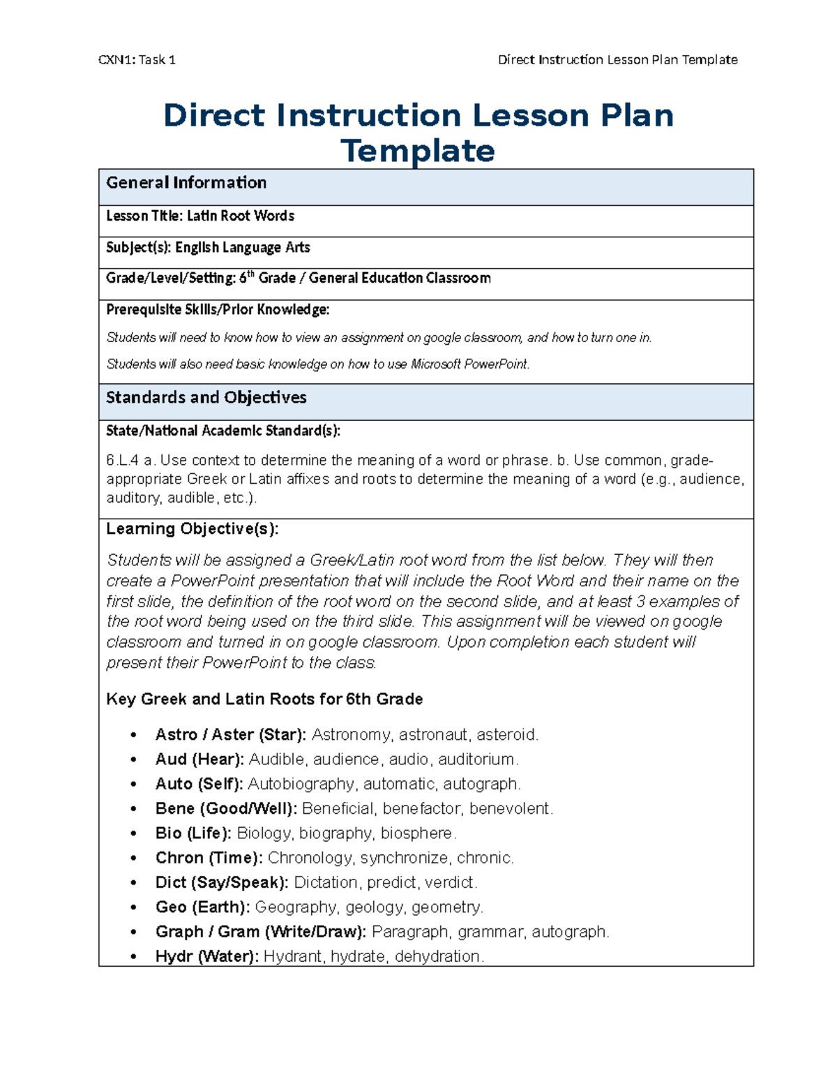 CXN1: Task 1 Direct Instruction Lesson Plan on Latin Roots - Studocu