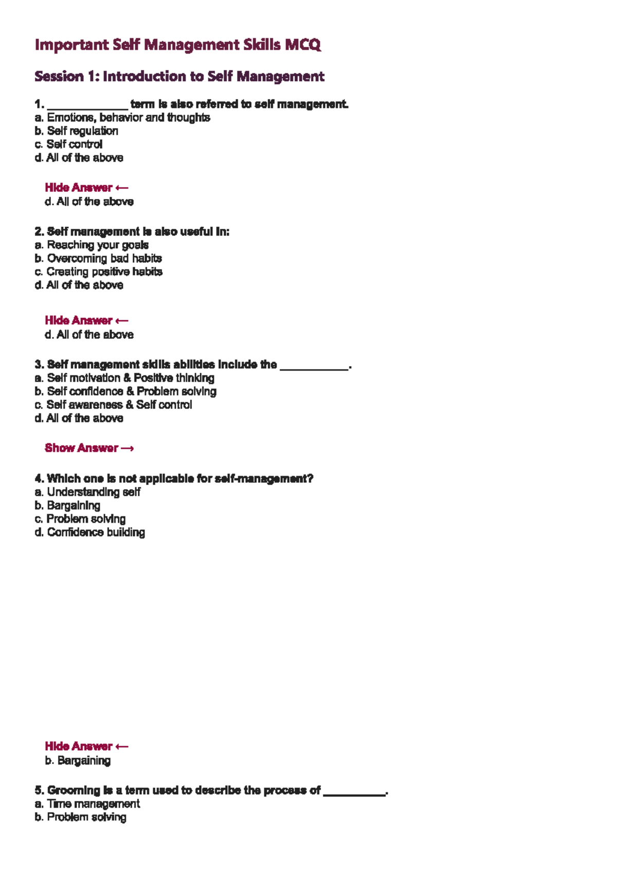 Self Management Skills MCQ: Session 1 & 2 Overview and Analysis - Studocu