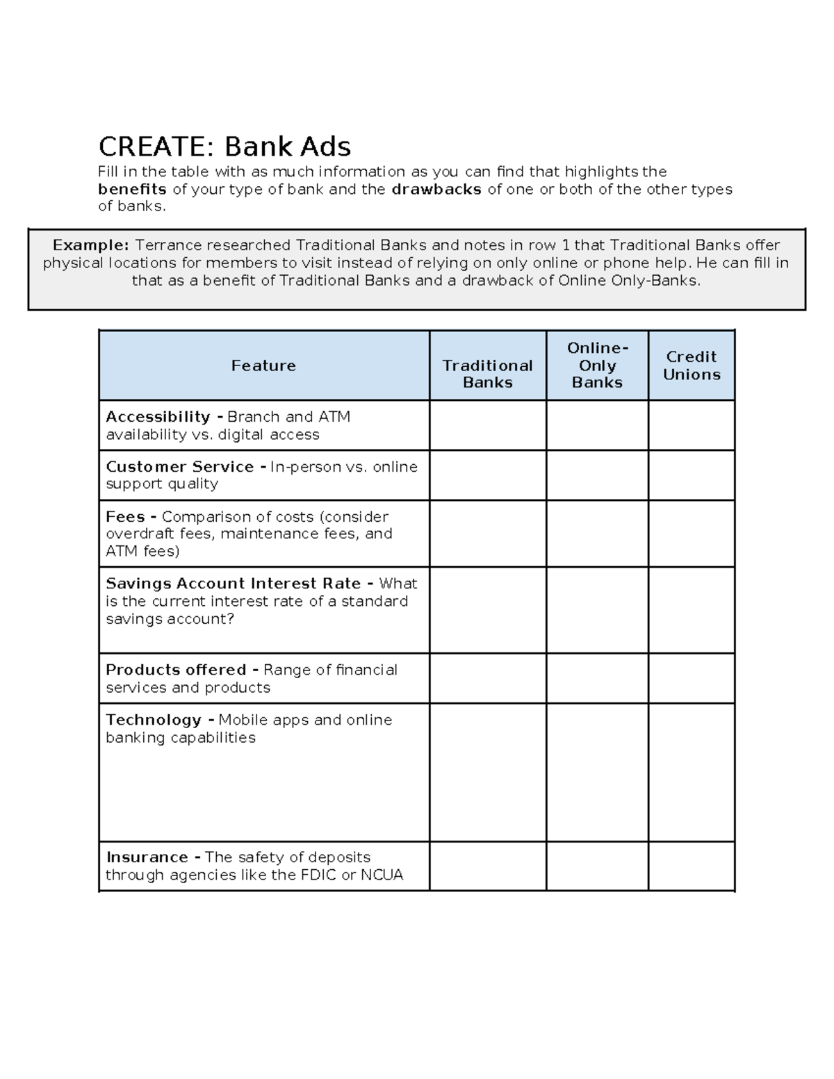 Create Bank Ads Worksheet On Bank Ads Create Bank Ads Fill In The