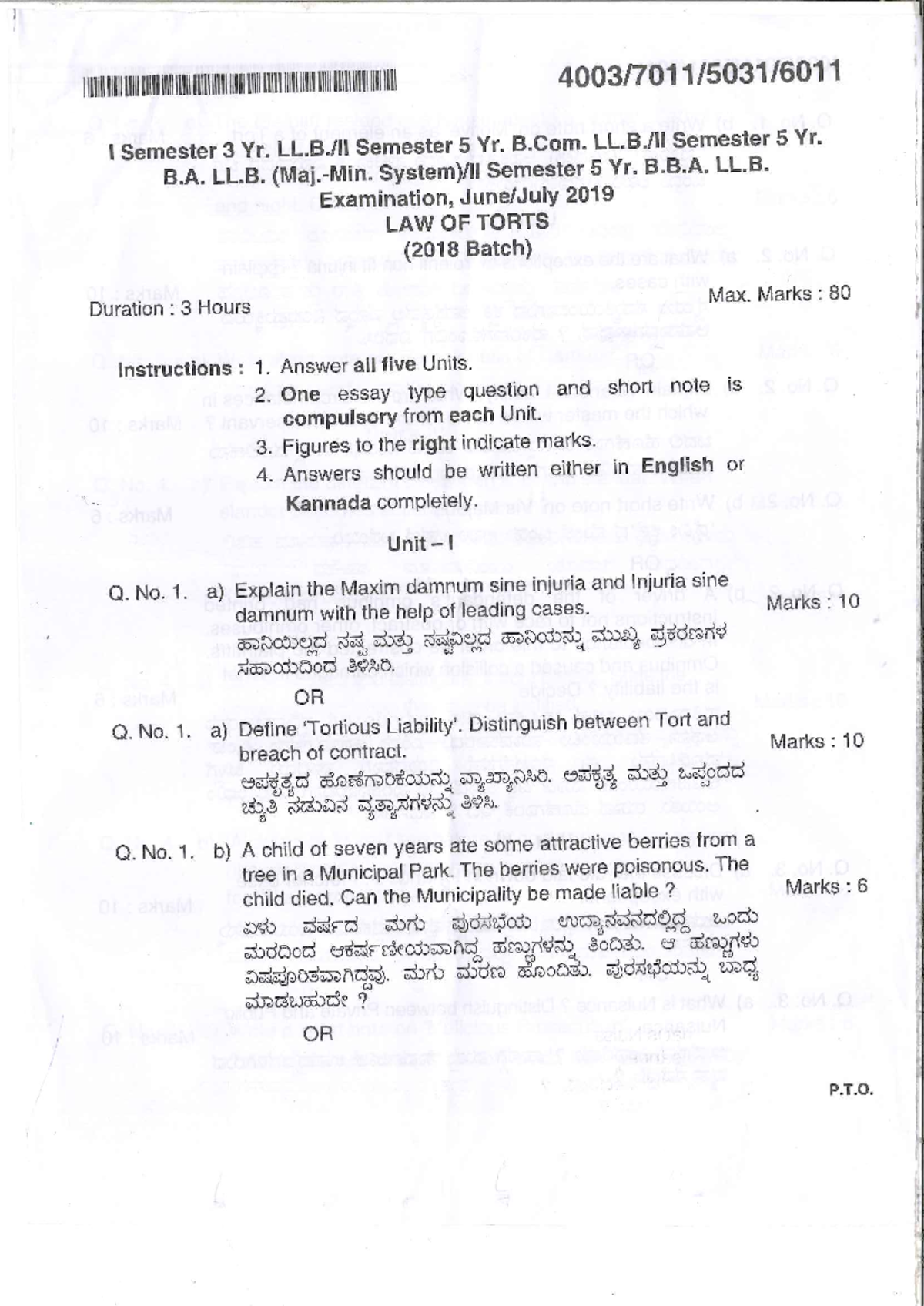 B.Com/B.A. LL.B/B.B.A. LL.B. Law of Torts Exam - June 2019 (80 Marks ...