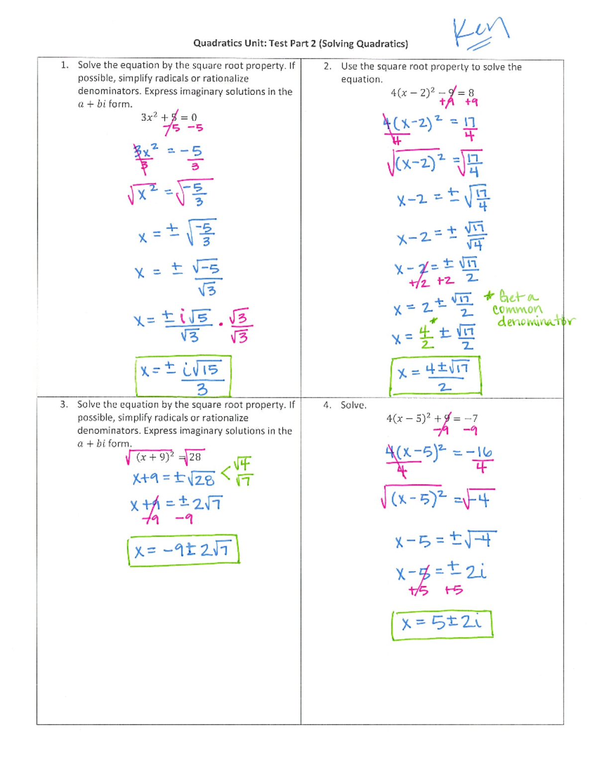 Quadratics Unit Test Part 2 (Solving Quadratics) Solutions - Studocu