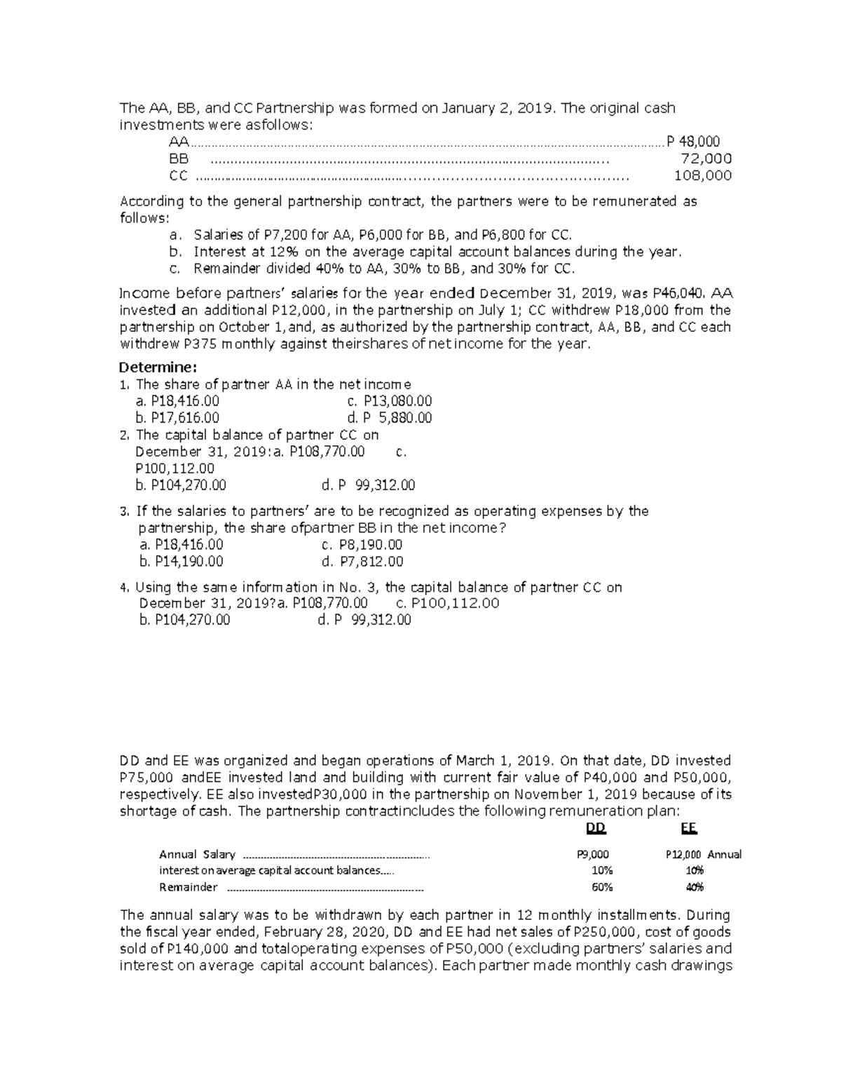 Operations- Problem Solving for Partnership Income and Balances - Studocu