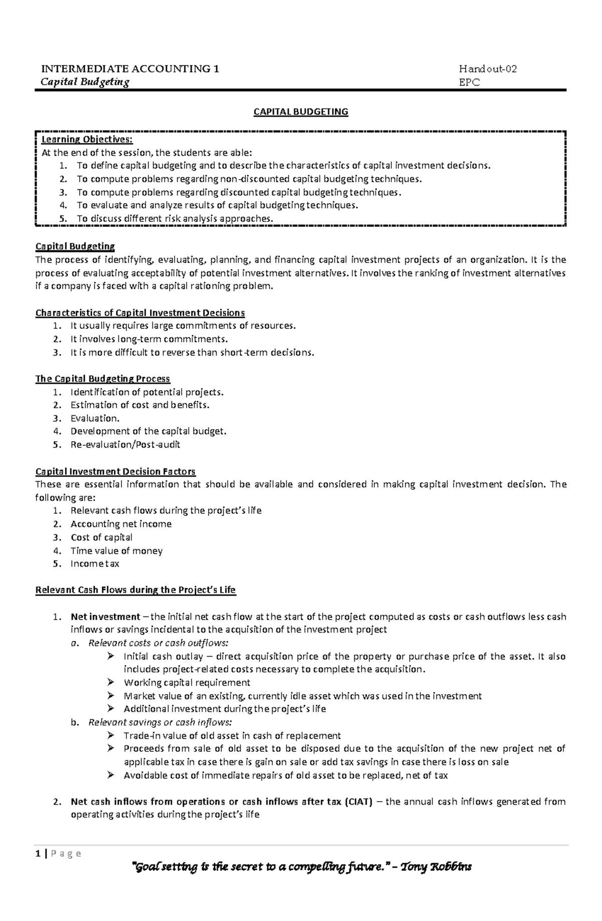 H02-Capital-Budgeting - Capital Budgeting EPC 1 | P a g e CAPITAL ...