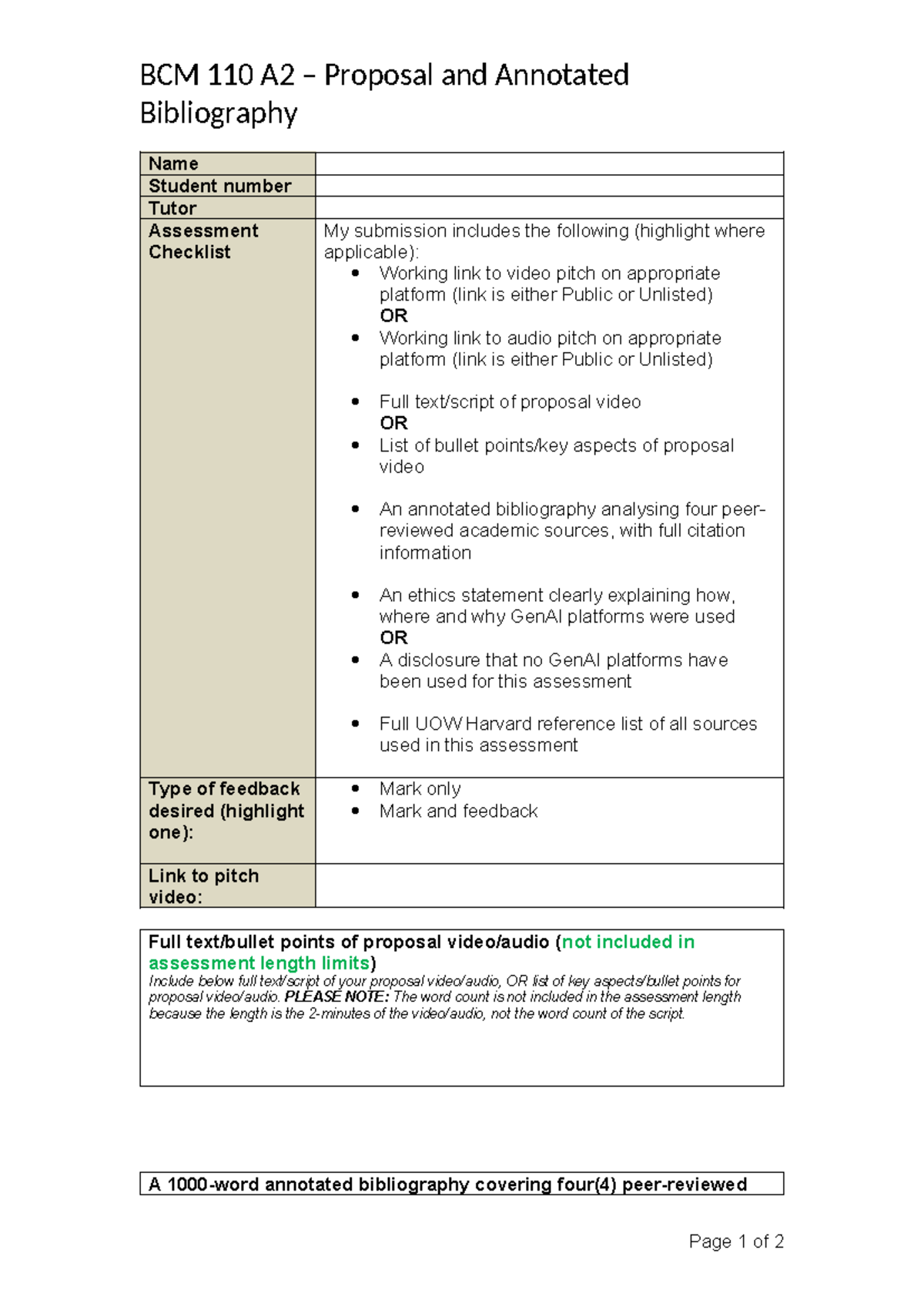 BCM 110 A2 Proposal & Annotated Bibliography Template 2026 - Studocu