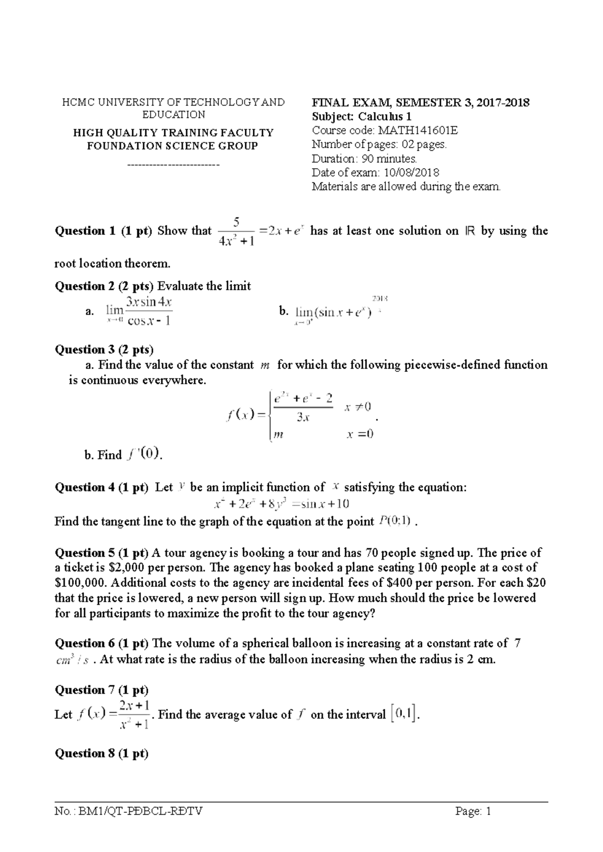 Calculus 1 Final Exam MATH141601E - Summer Semester 2017-2018 - Studocu
