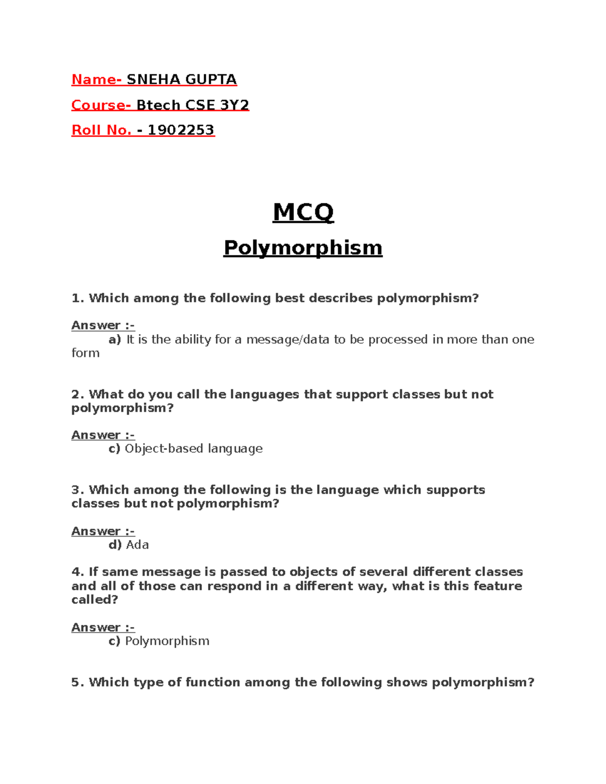 Polymorphism MCQ Questions - Btech CSE 3Y Final Exam Notes - Studocu