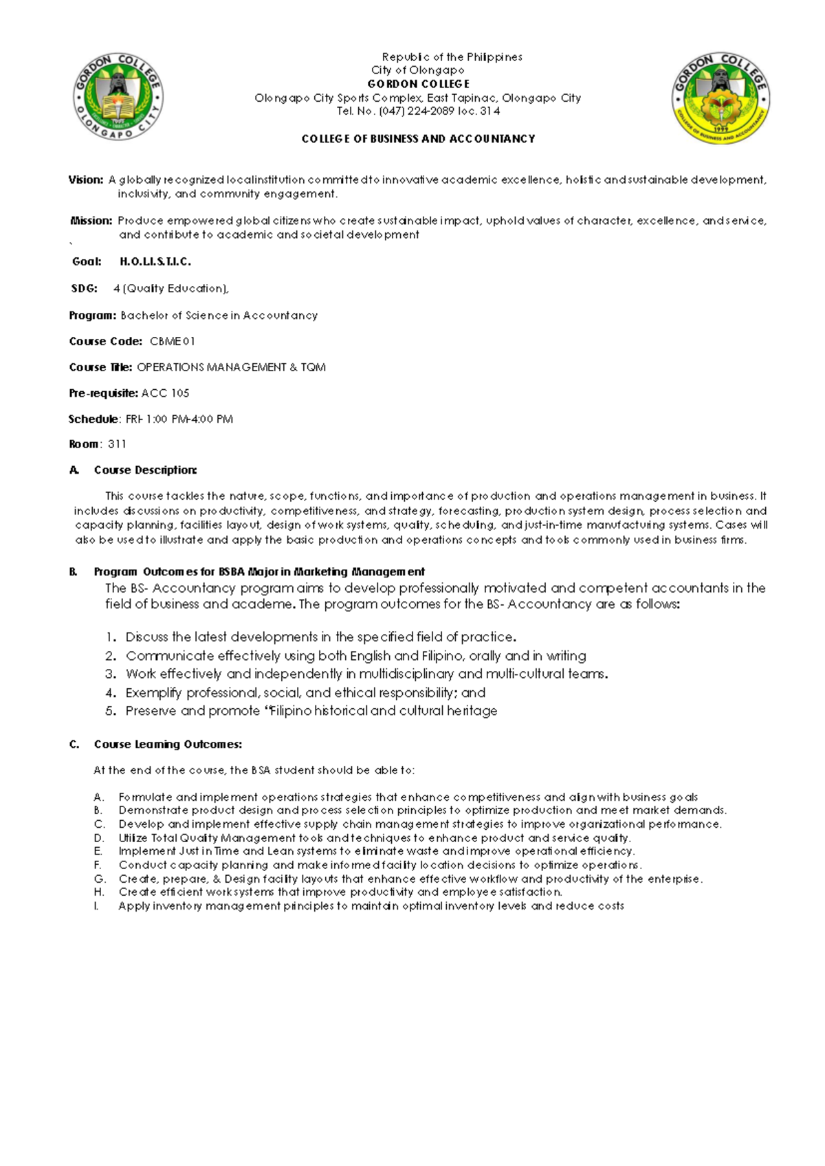 Syllabus for CBME 01: Operations Management TQM - BSA Program - Studocu