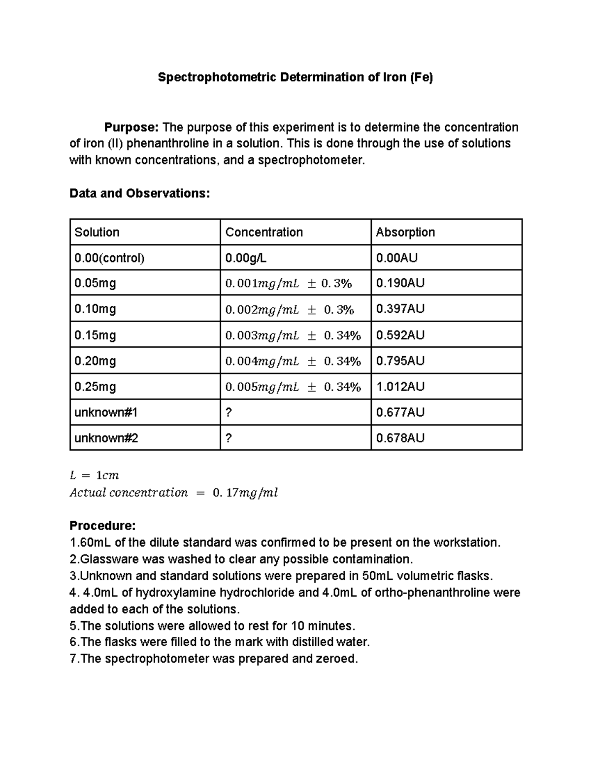 Spectrophotometric Lab Report on Iron (Fe) Determination - Studocu