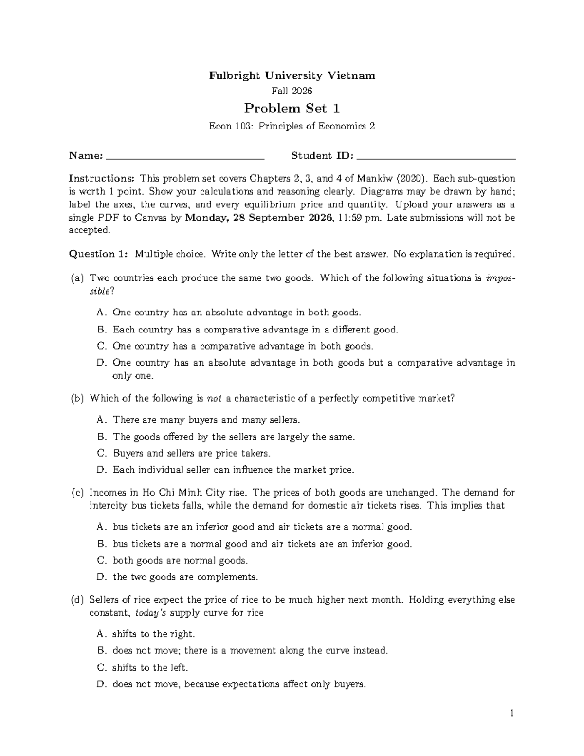 Econ 103: Fall 2026 Problem Set 1 - Principles of Economics - Studocu