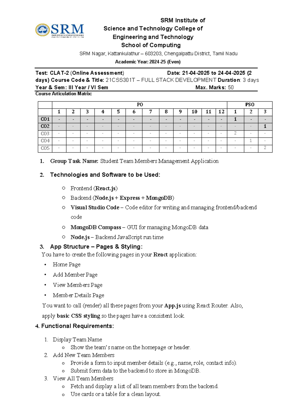 FSD 21CSS301T Group Task Online Assessment - Team Management App - Studocu