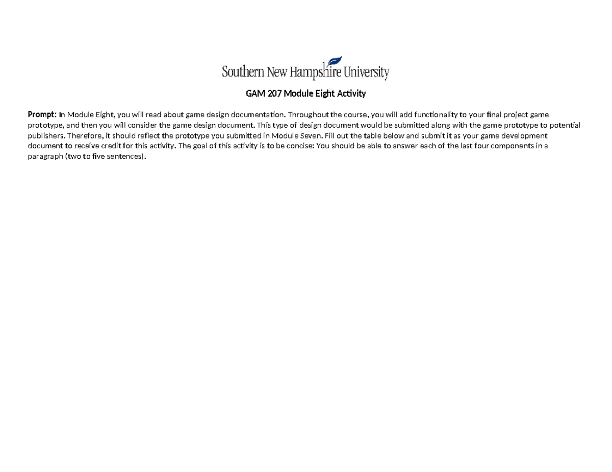 GAM 207 Module 8: Game Design Documentation Activity - Studocu
