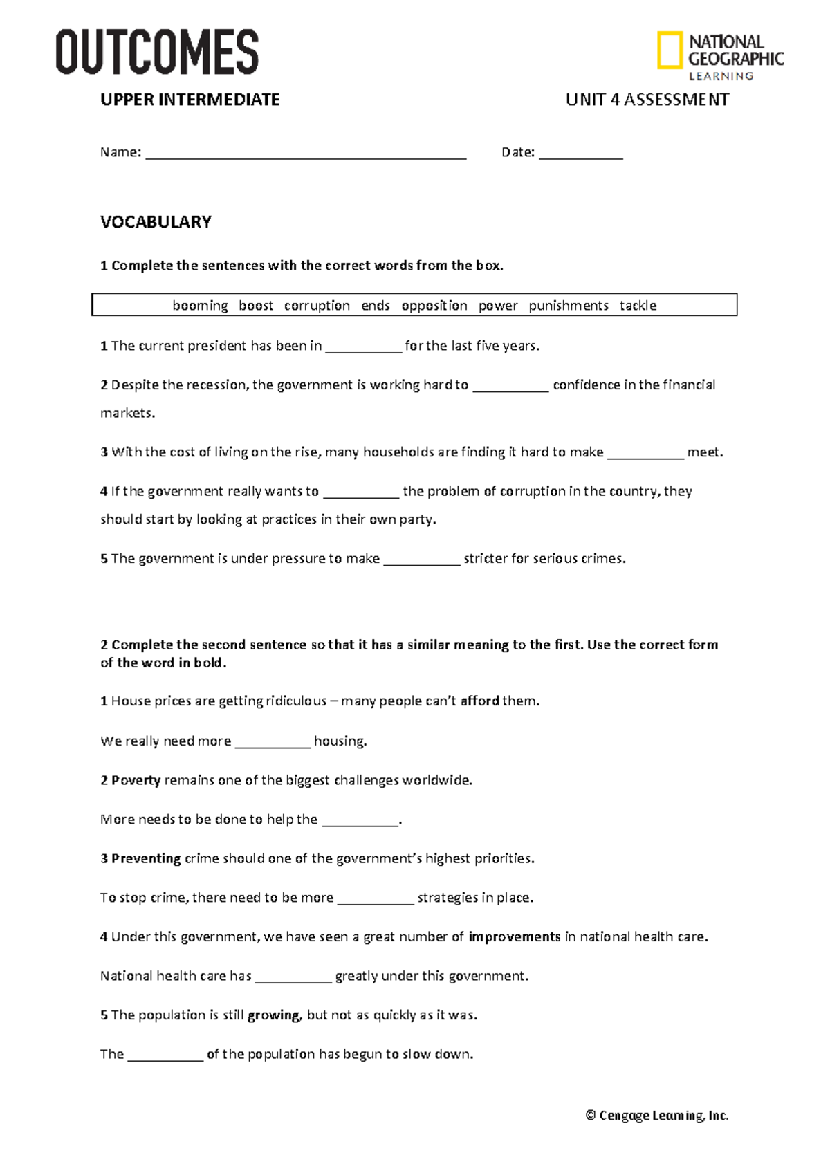 UPPER INTERMEDIATE UNIT 4 ASSESSMENT TEST: VOCABULARY & GRAMMAR - Studocu