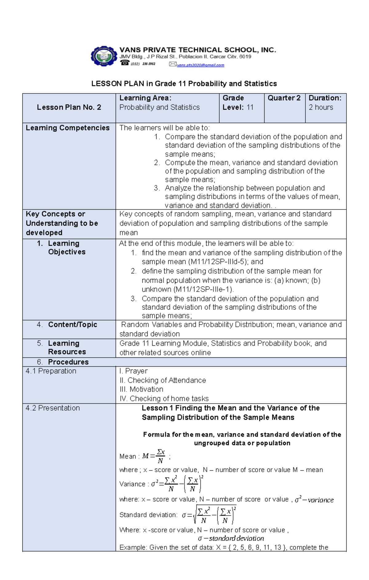 Grade 11 Probability & Statistics Lesson Plan No. 2: Sampling ...