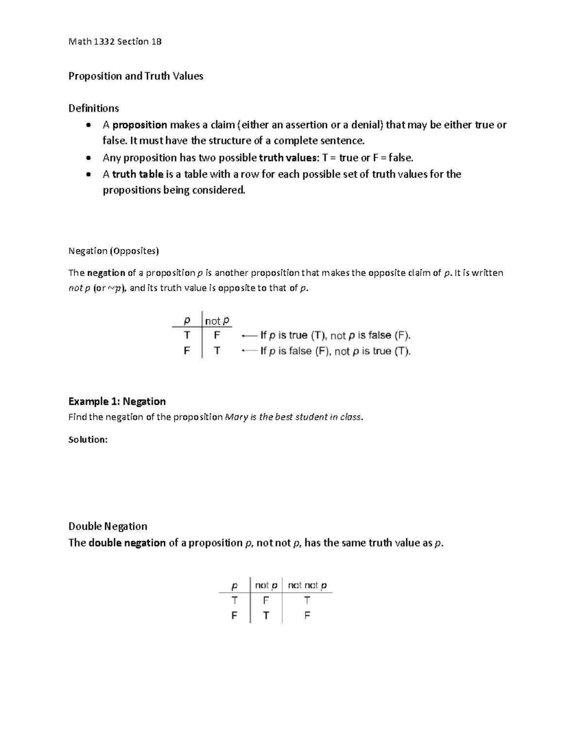 Math 1332 Section 1B: Propositions, Truth Values & Logical Connectors ...