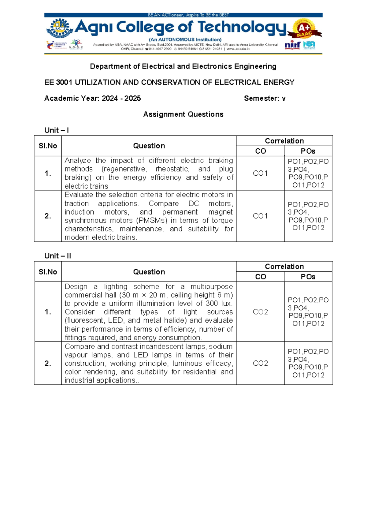 EE 3001 Assignment Questions on Electrical Energy Utilization ...