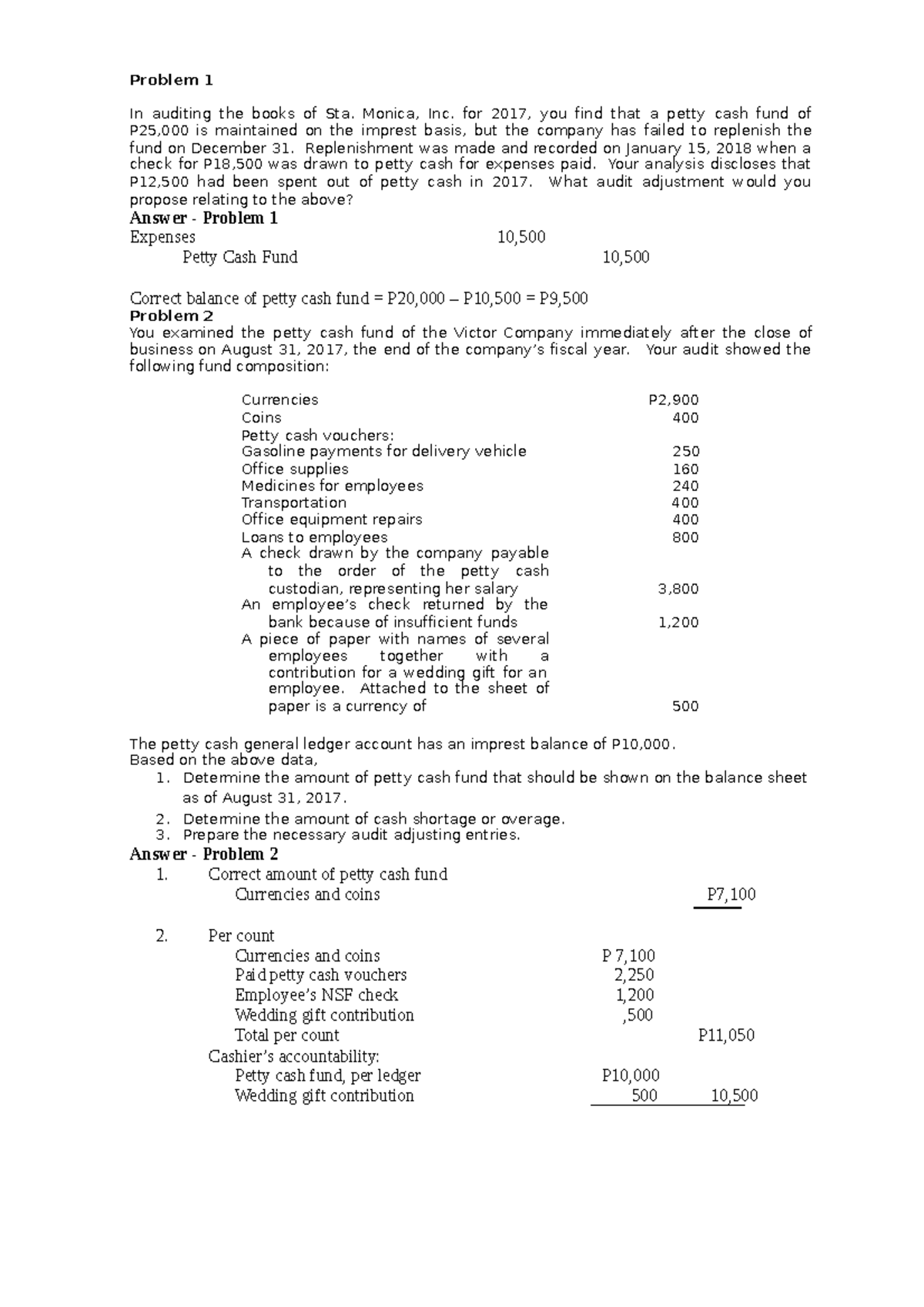 Audit Problems on Petty Cash and Cash Management (ACCT 101) - Document Preview