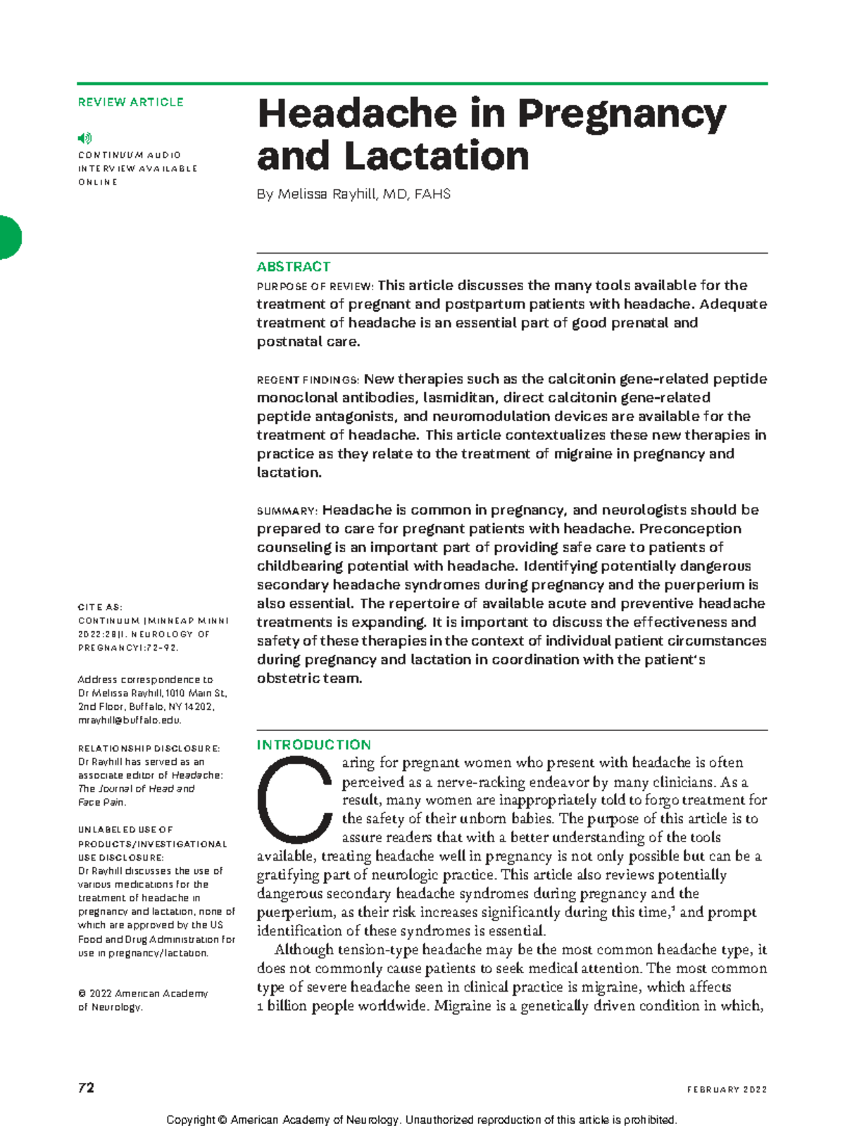 Headache Management in Pregnancy and Lactation: A Review (CONTINUUM ...