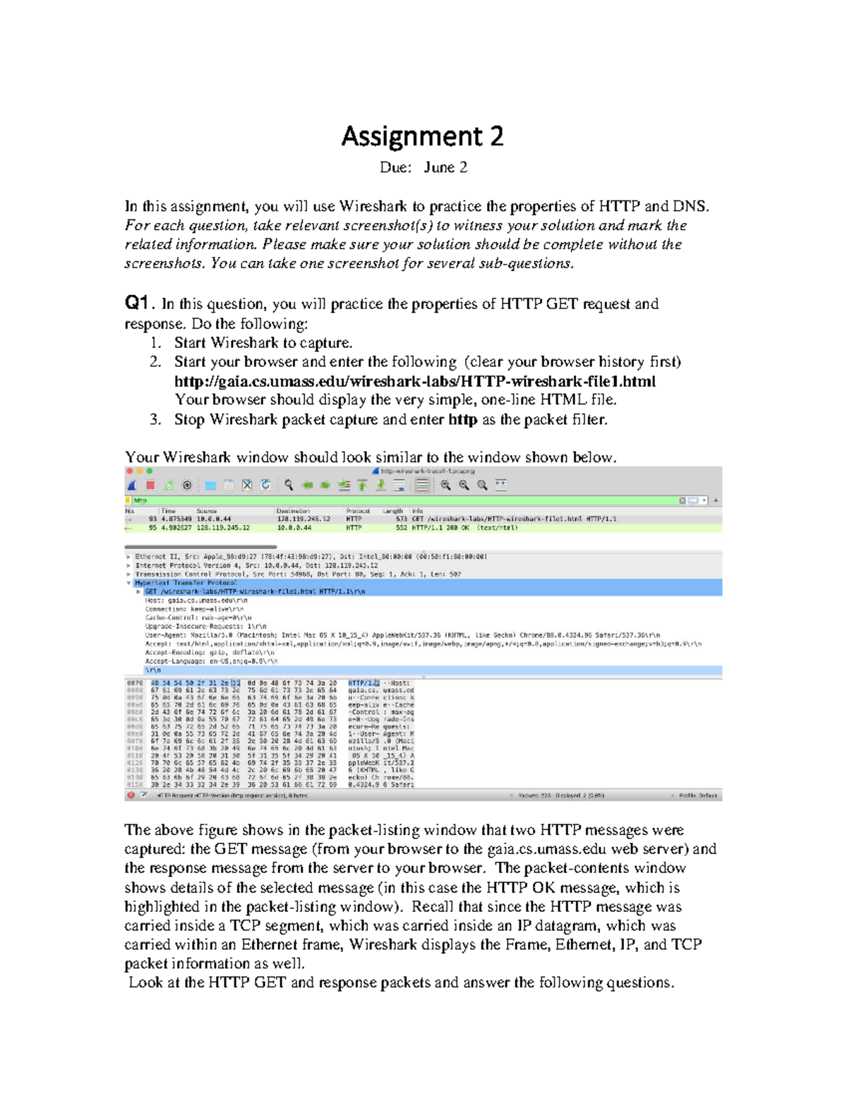 Assignment 2: Wireshark Practice on HTTP & DNS Properties - Studocu