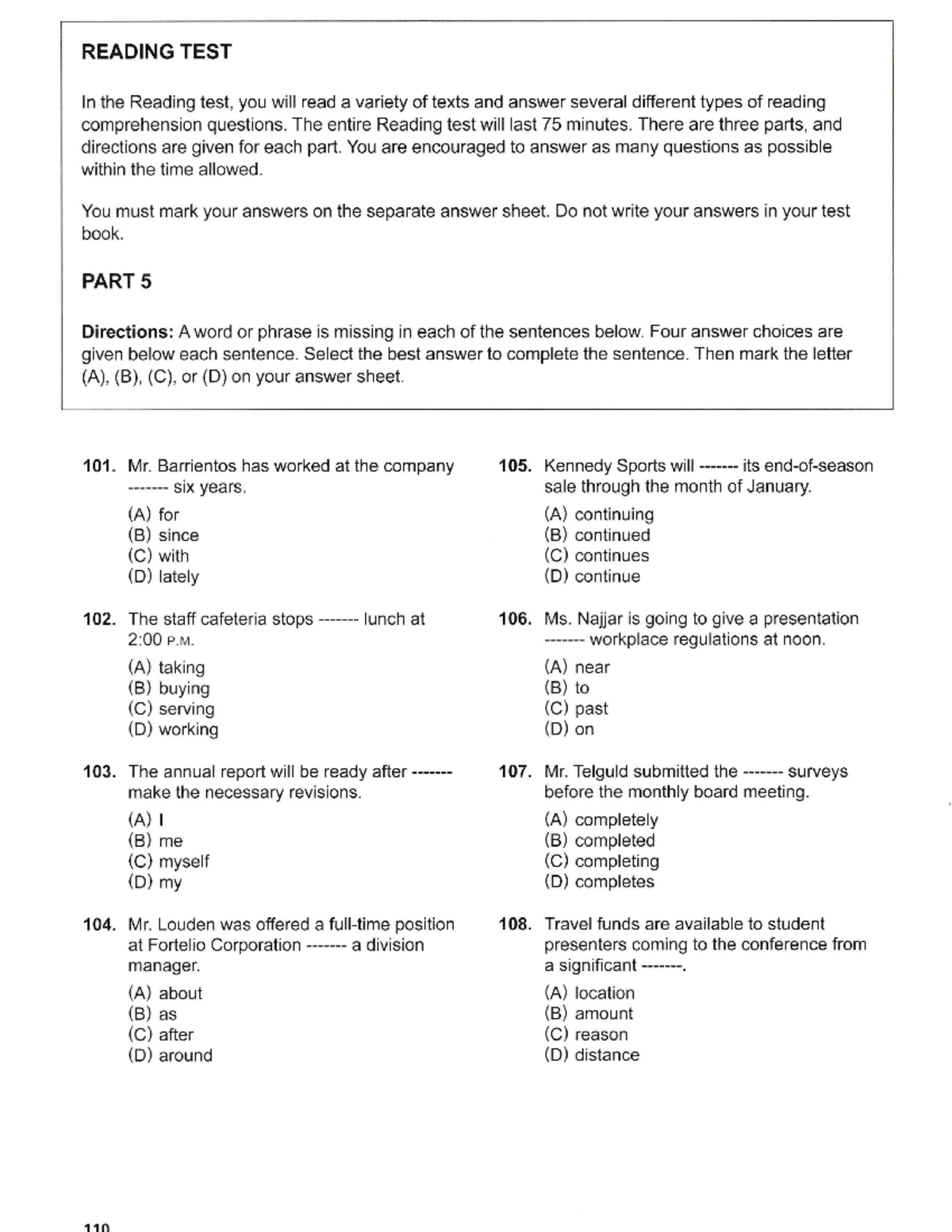 Test 4 - toeic - READING TEST In the Reading test, you will read a ...