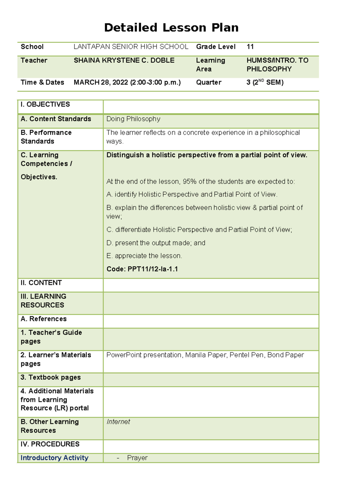 INTRO. TO PHILOSOPHY DLP - Detailed Lesson Plan for Grade 11 - Studocu