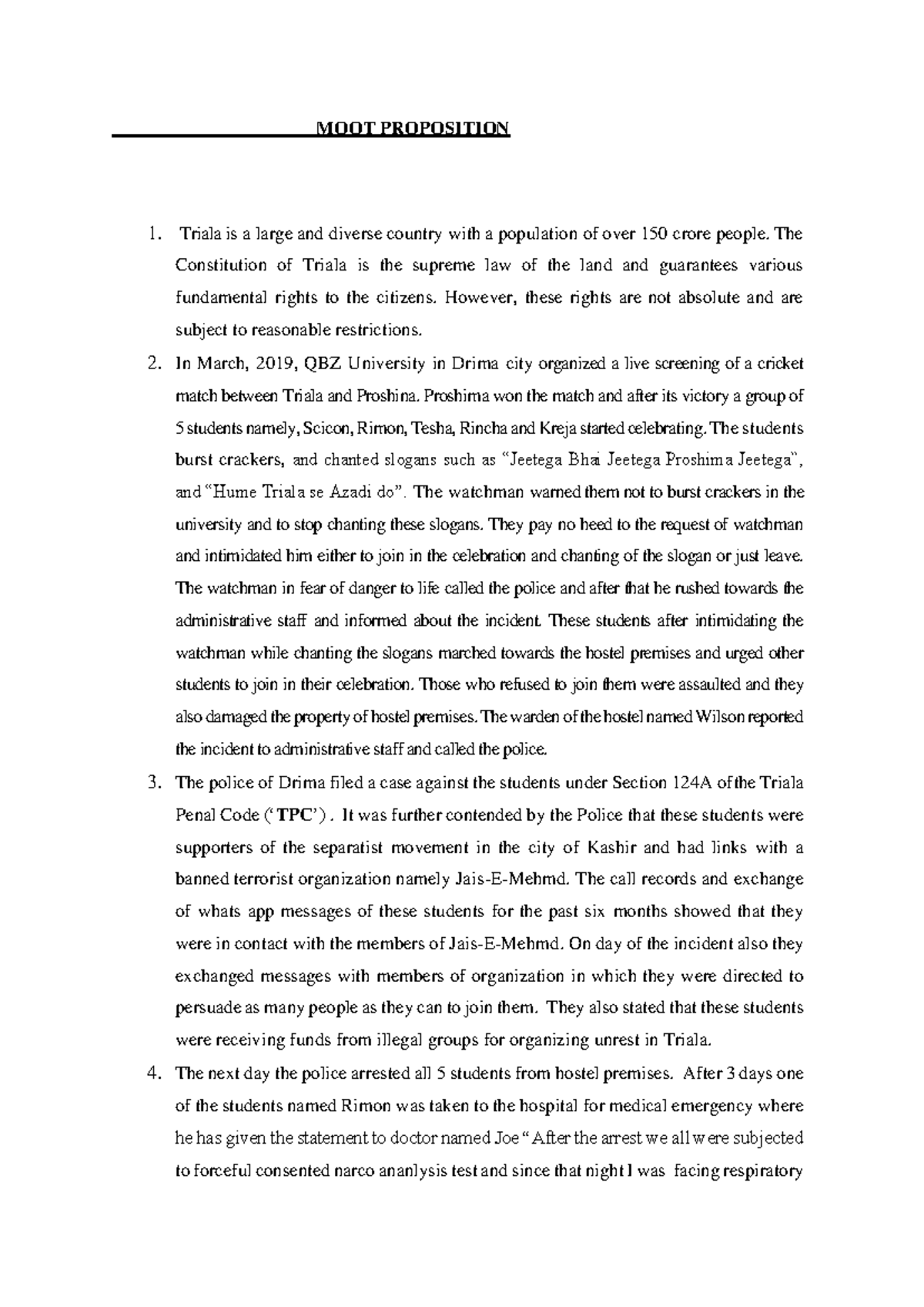 Edited Sample MOOT Proposition-PSDA - MOOT PROPOSITION 1. Triala is a ...