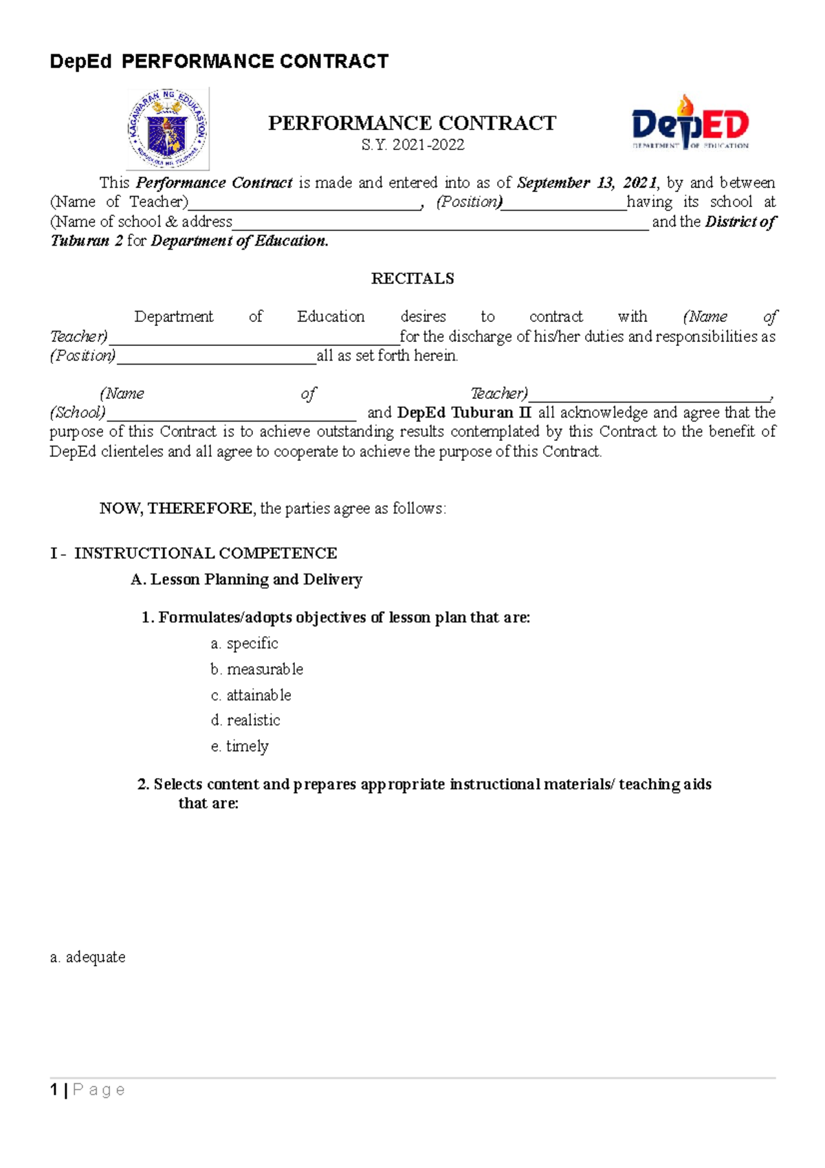 DepEd Performance Contract Template for Teachers - S.Y. 2021-2022 - Studocu