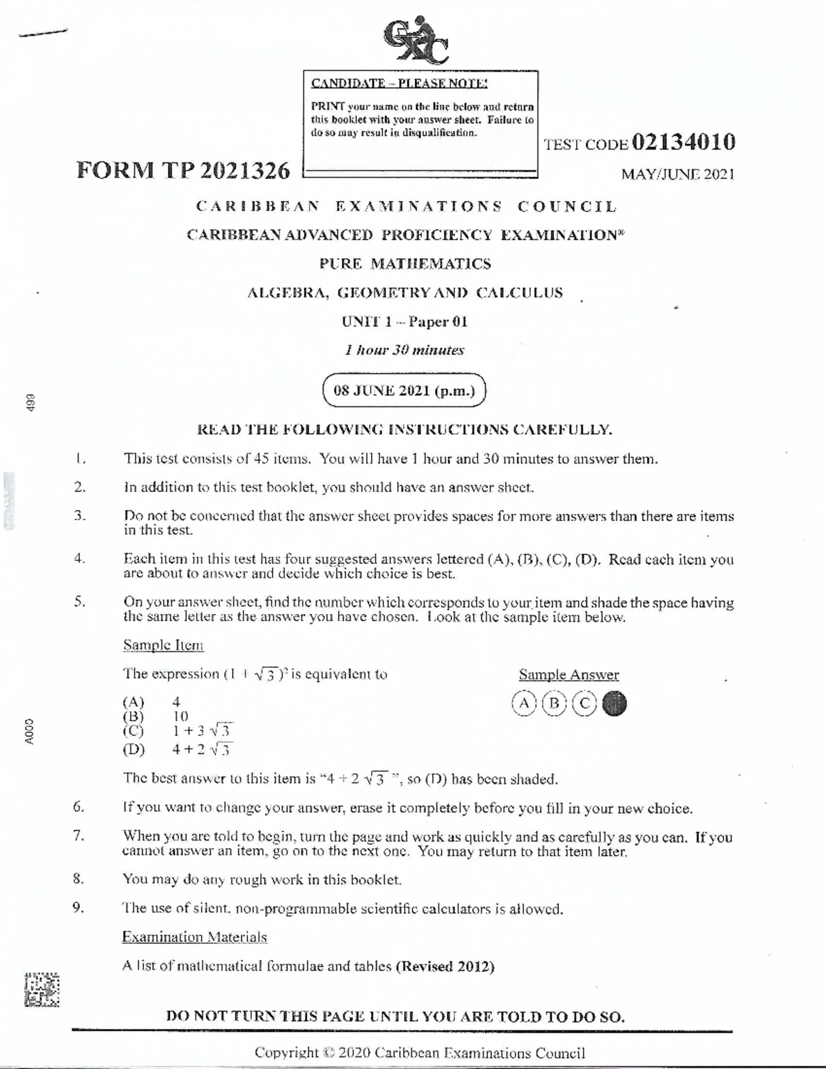 CAPE Pure Mathematics Unit 1 Paper 01 Exam 2018 Guidelines and ...