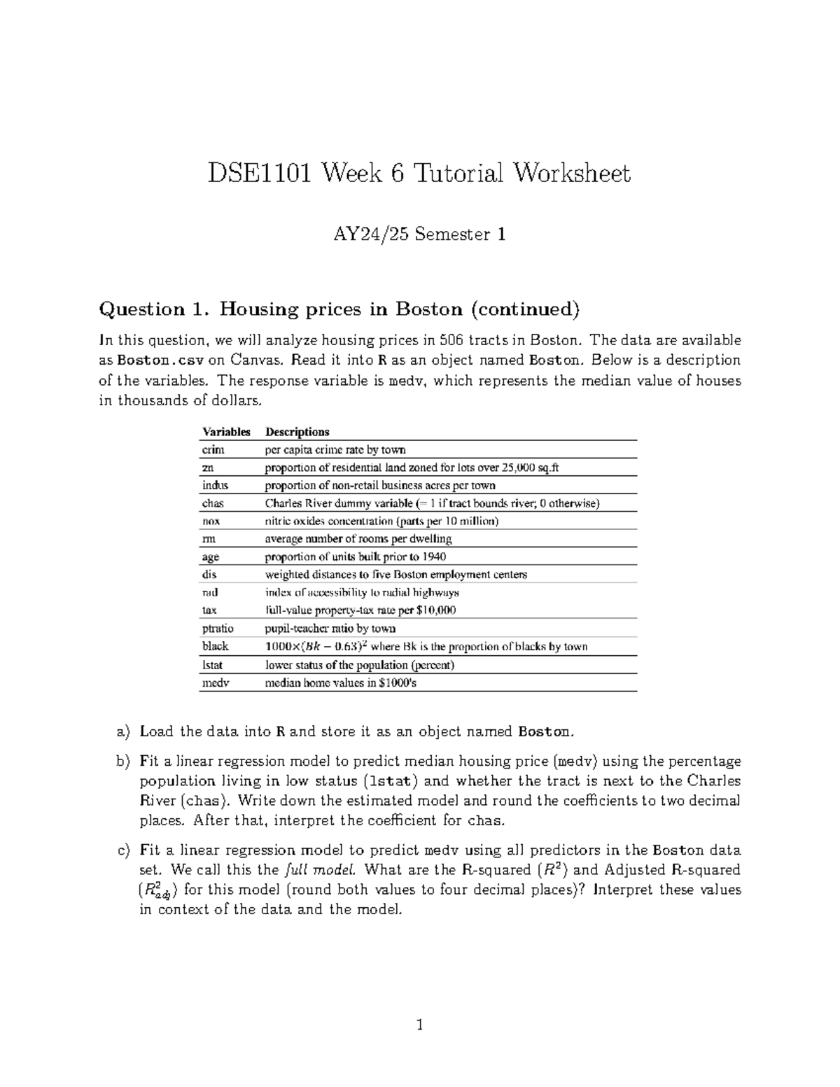 Tut wk6 MLR - Week 6 - DSE1101 Week 6 Tutorial Worksheet AY24/25 ...