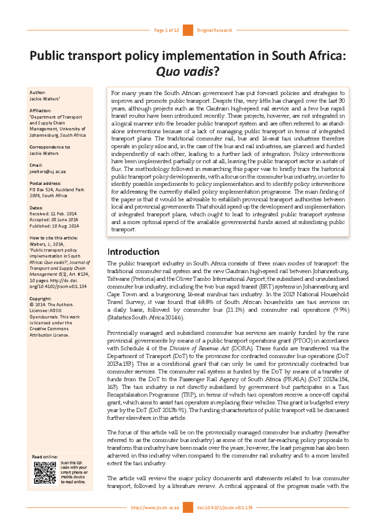 Public Transport Policy Implementation in SA: Progress and Challenges ...