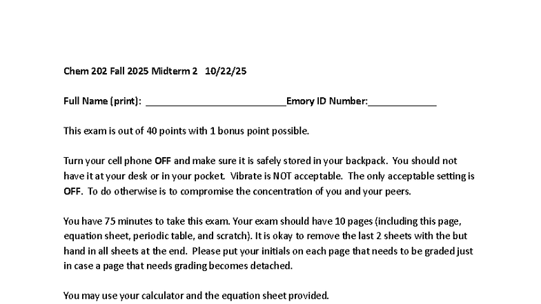 Chem 202 F25 Midterm 2 Exam Instructions and Key - Studocu