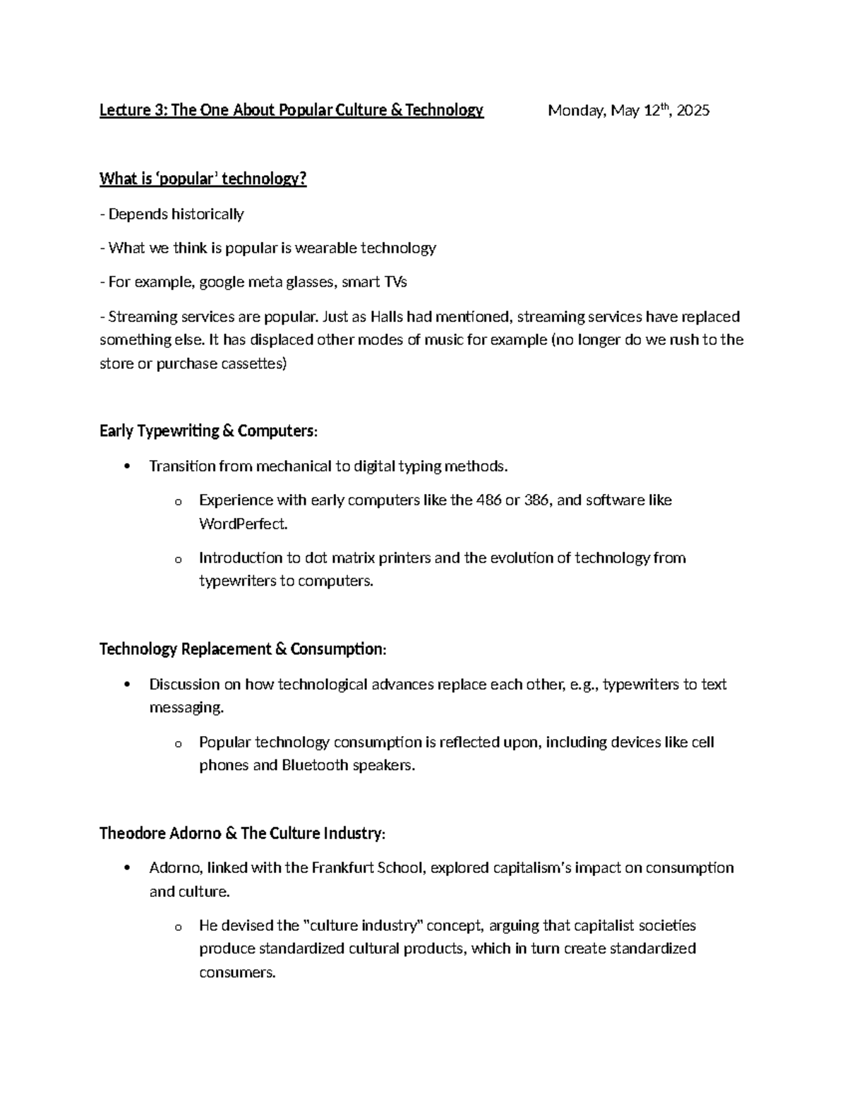 Lecture 3: Technology and Popular Culture - May 12, 2025 - Studocu