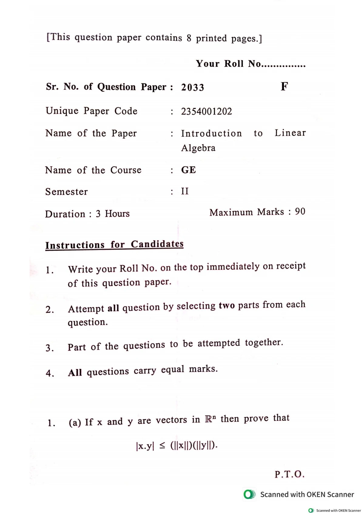 GE-2 Final Exam: Introduction to Linear Algebra Question Paper - Studocu