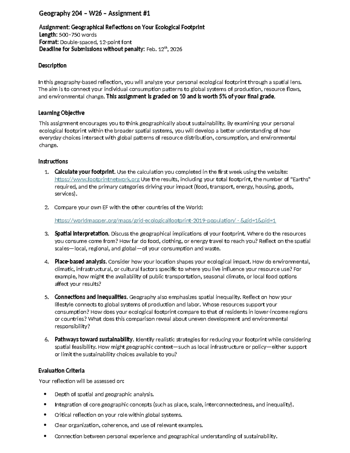 Geography 204 W26: Ecological Footprint Reflection Assignment - Studocu