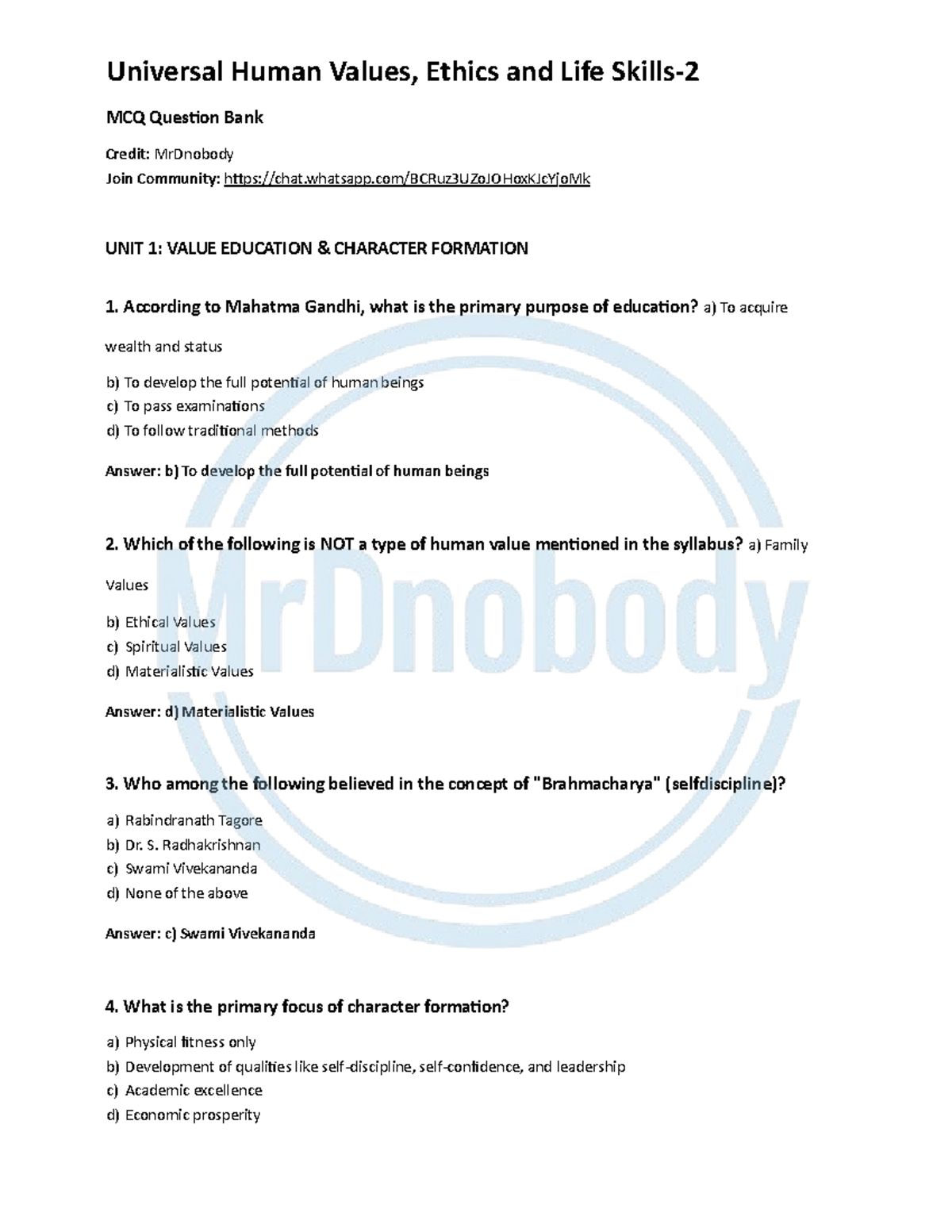MCQ Question Bank: Universal Human Values, Ethics & Life Skills - Studocu
