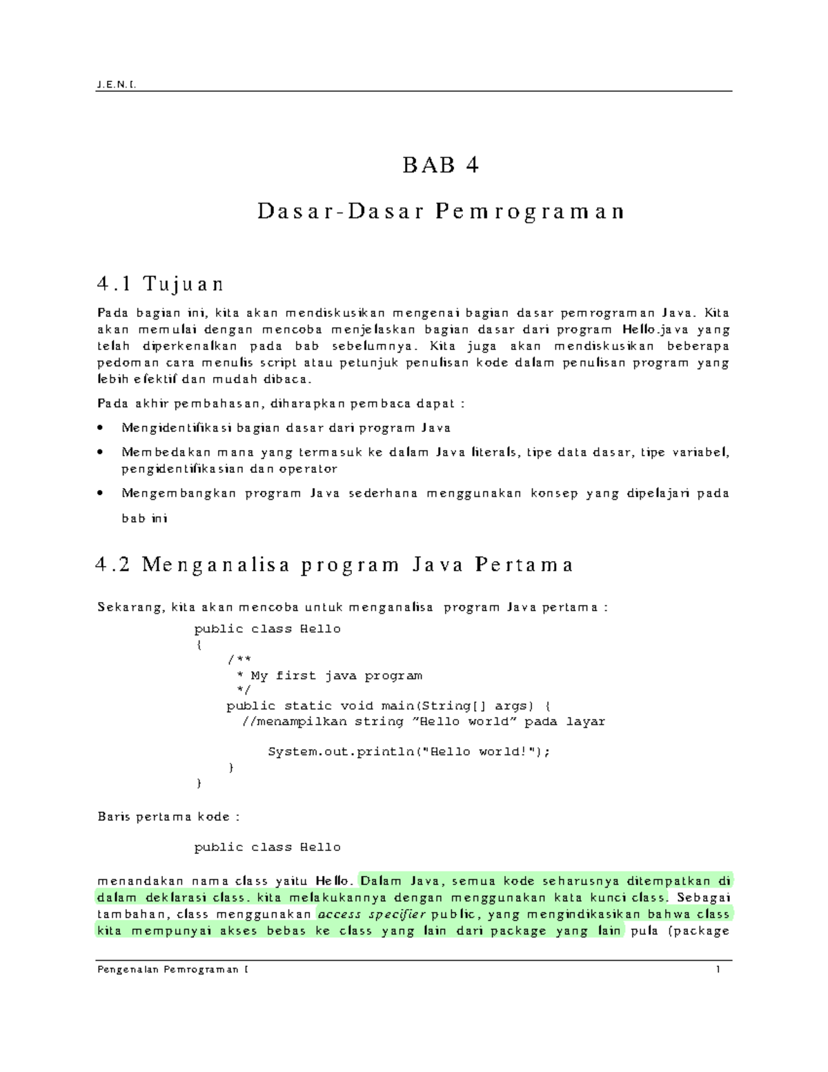 J.E.N.I. Bab 4: Dasar-Dasar Pemrograman Java dan Komentar - Studocu