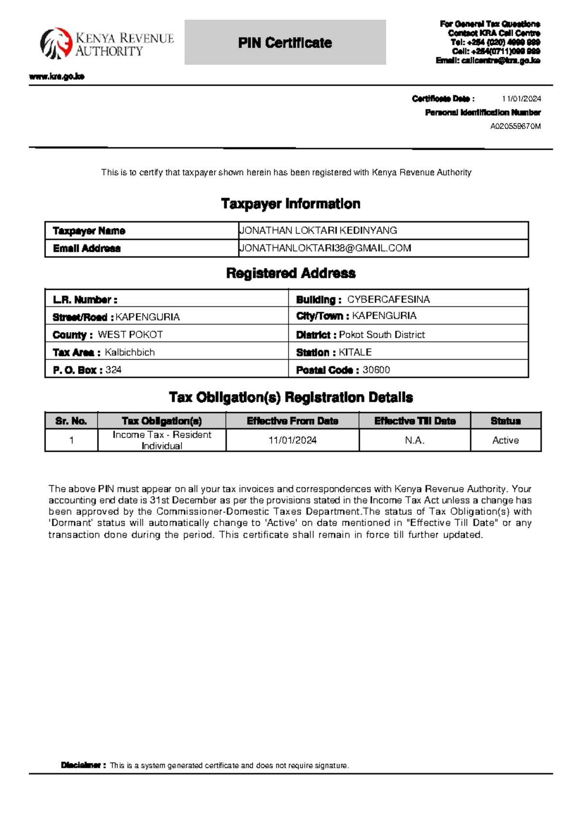 Taxpayer PIN Certificate Summary for Psychology of Education - Studocu