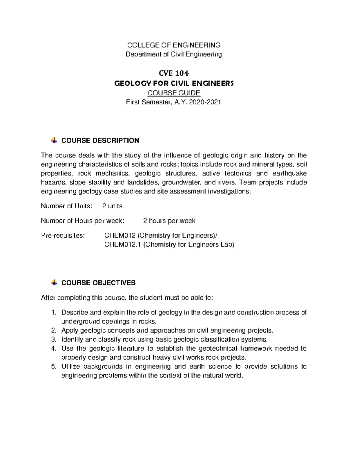 CVE 104 Course Guide: Geology for Civil Engineers Overview - Studocu