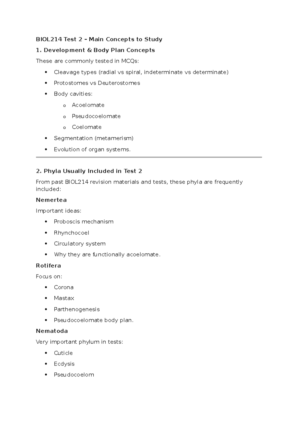 BIOL214 Test 2 Study Guide: Key Concepts and Phyla - Studocu