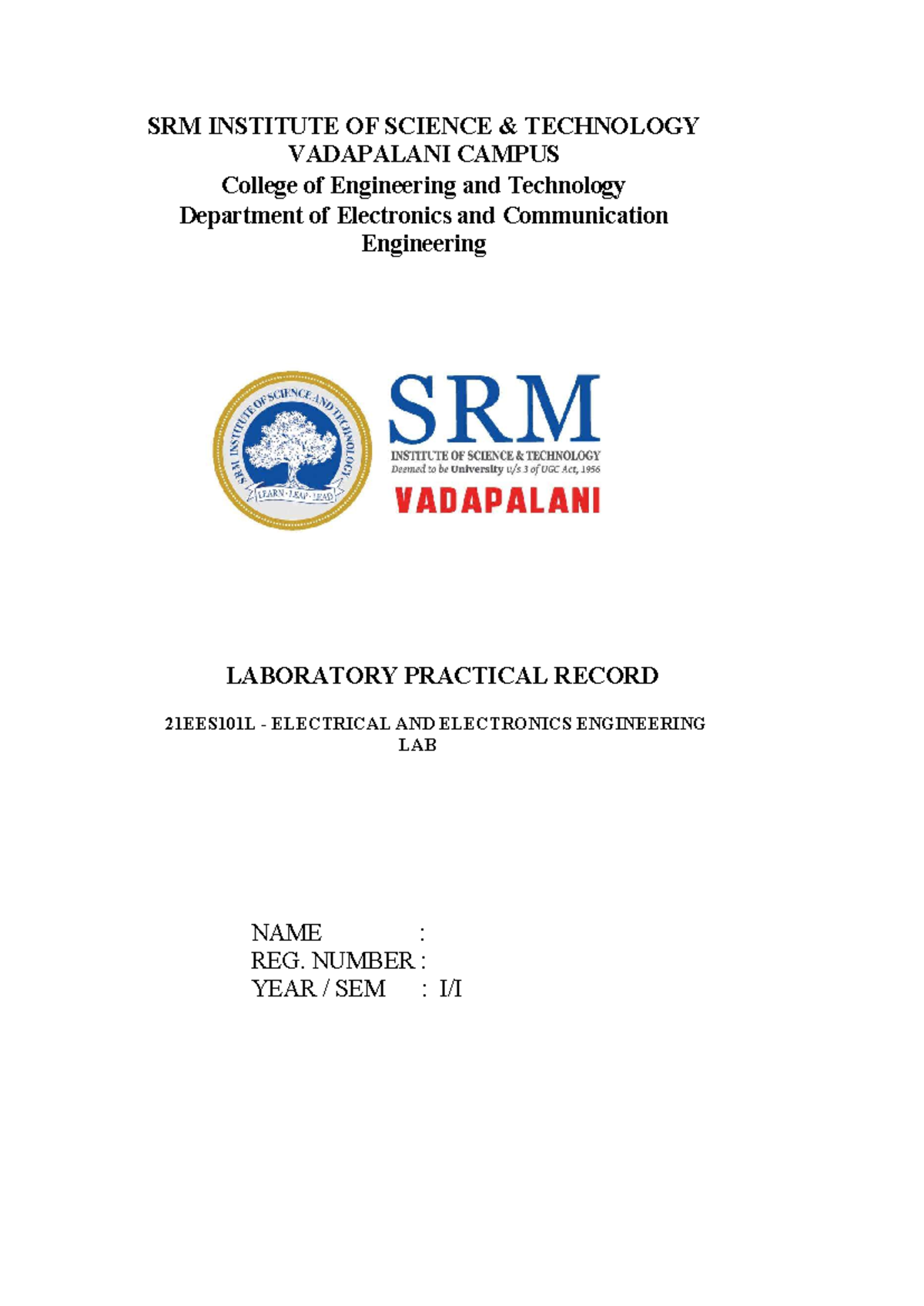 EEE 21EES101L - Electrical Lab Practical Record and Safety Guidelines ...
