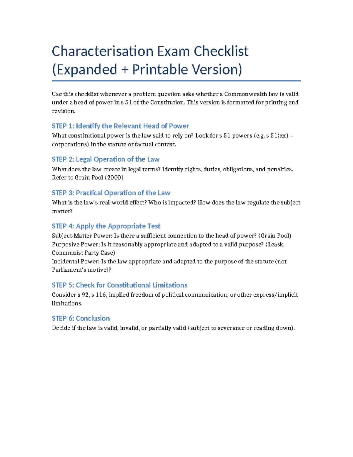 Characterisation Exam Checklist (s 51) - Printable Version - Studocu