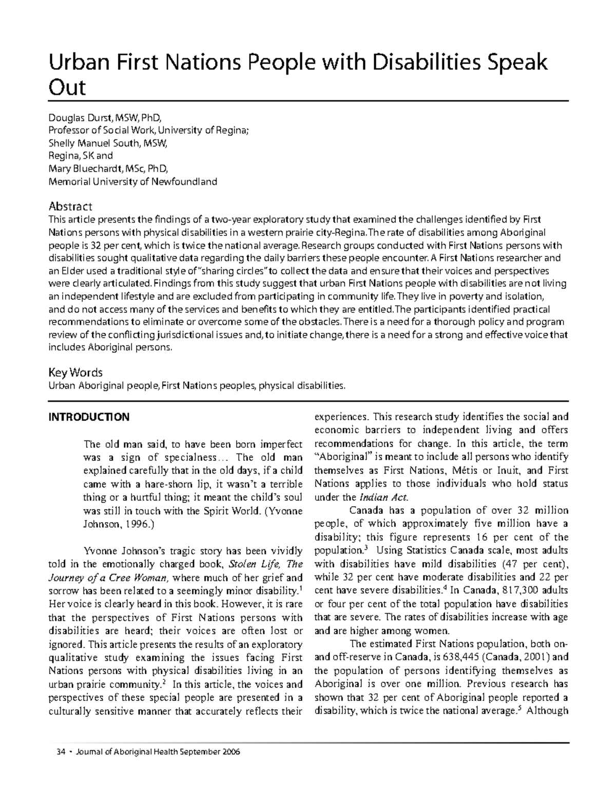 Exploring Barriers for Urban First Nations People with Disabilities: A ...