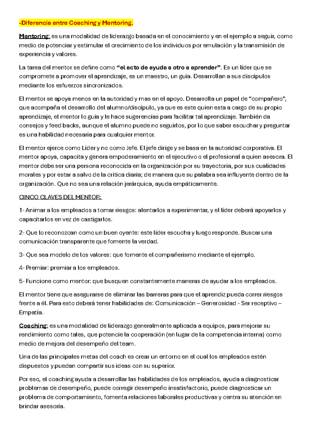 Entre Coaching y Mentoring: Claves para el Desarrollo Profesional - Studocu