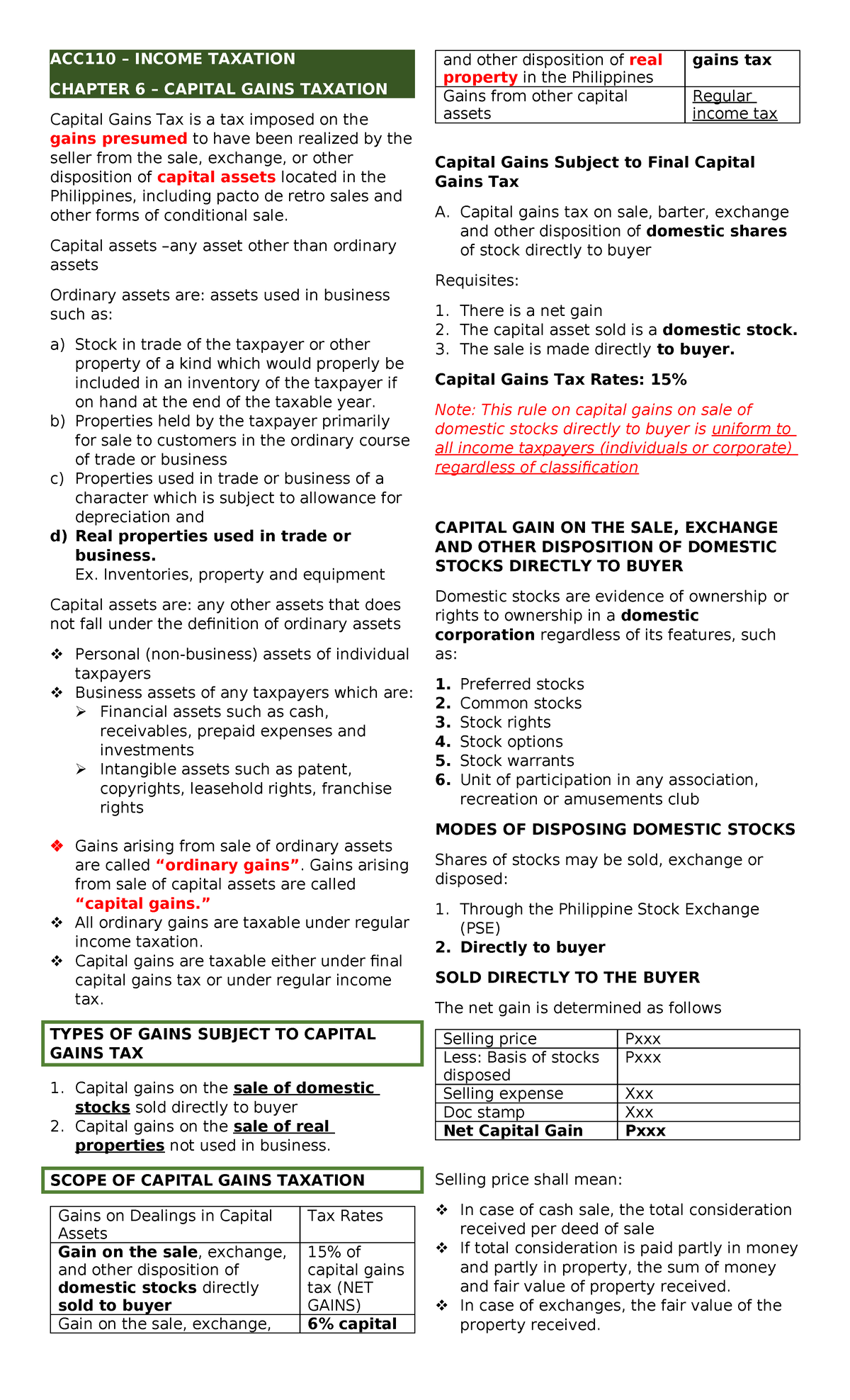Acc110 Income Taxation Chapter 6 Capital Gains Taxation Notes Studocu