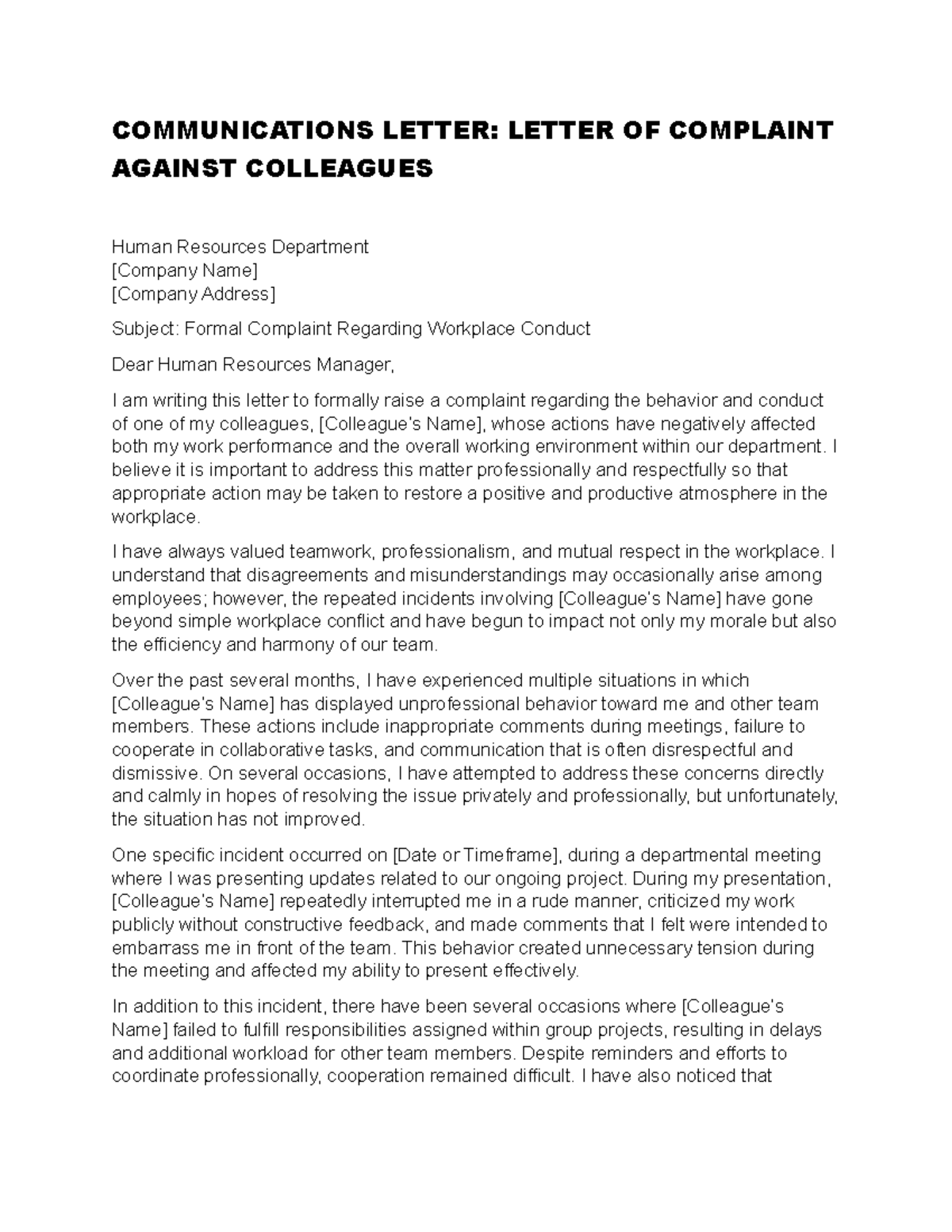 COMM 101: Formal Complaint Letter Against Colleagues - Studocu