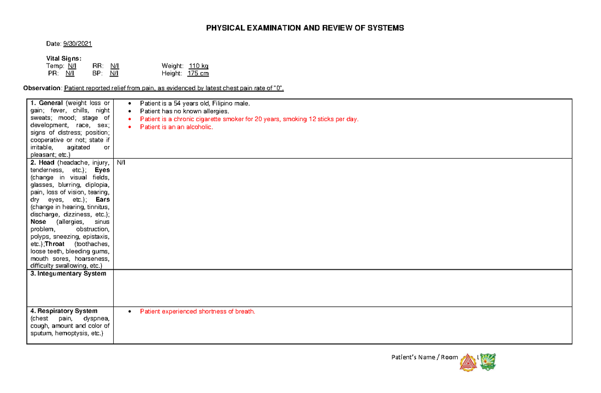 PE& Review Of Systems - bs nursing - SWU - Studocu